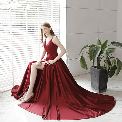 Burgundy satin long prom dress  8352