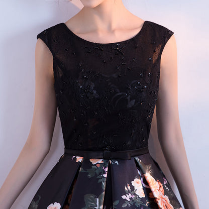 Black round neck floral pattern short prom dress, homecoming dress  7853