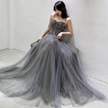 Gray sweetheart neck tulle beads long prom dress, evening dress  8064