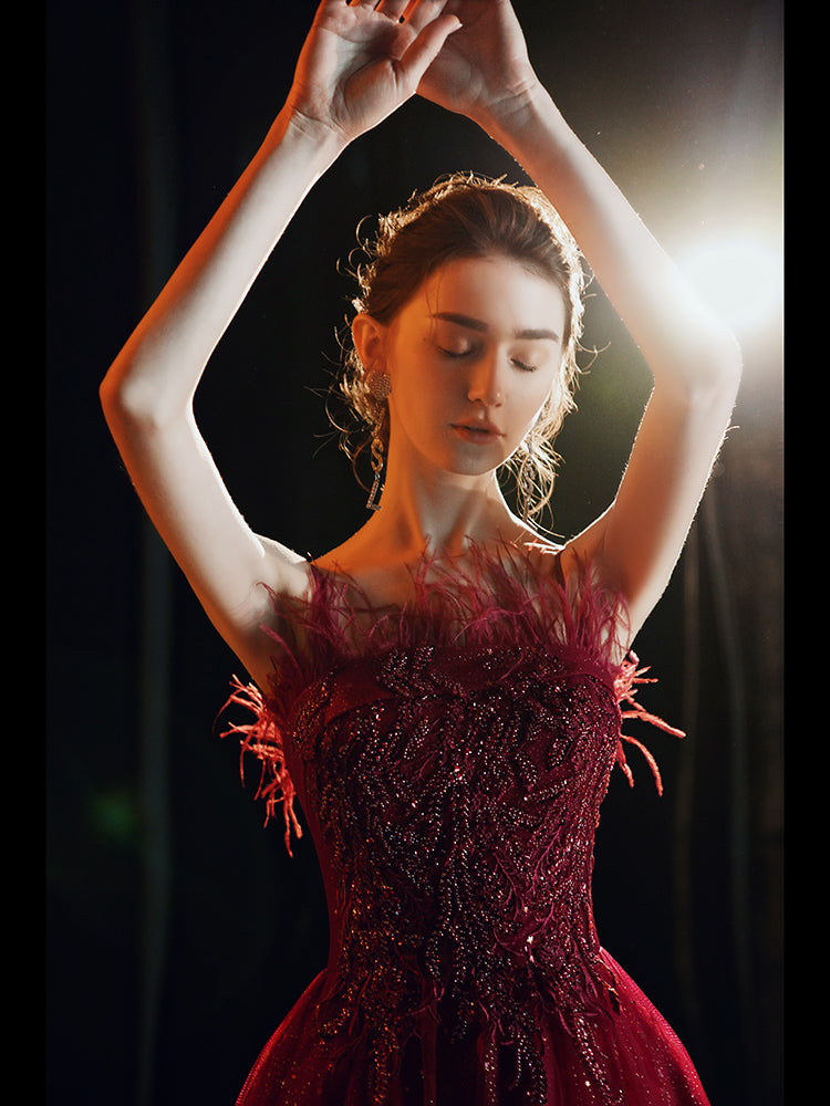 Unique burgundy lace prom dress formal dress  8237