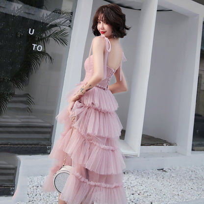 Pink tulle short prom dress, pink evening dress  8053