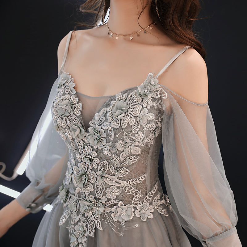 Gray lace tulle long prom dress, long sleeve evening dress  8081