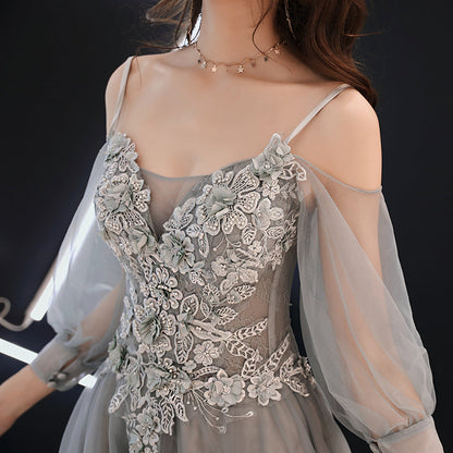 Gray lace tulle long prom dress, long sleeve evening dress  8081