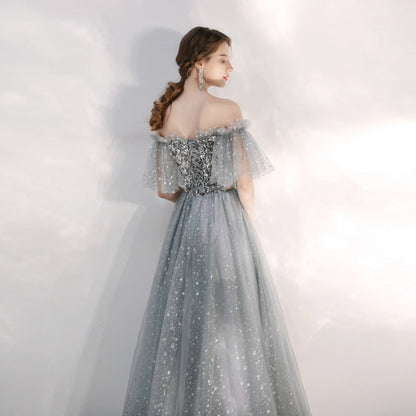 Gray tulle sequins long prom gown  8169