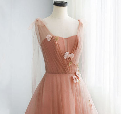 Pink tulle lace long prom dress, pink evening dress  7892