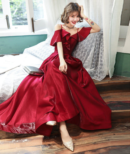 Burgundy satin prom dress simple evening dress  8379