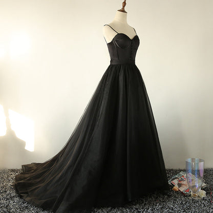 Black tulle long prom dress, black evening dress  8037