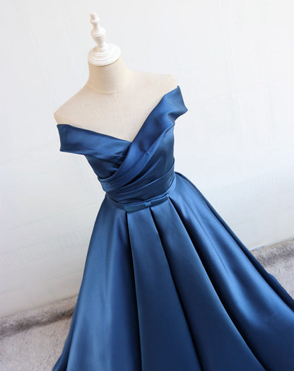 Blue v neck satin long prom dress, blue evening dress  7897