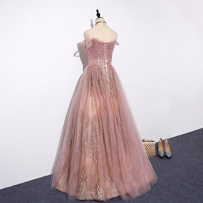Sparkling pink tulle sequins long prom dress, evening dress  8104