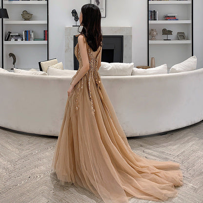 Stylish v neck tulle long prom dress, evening dress  8024