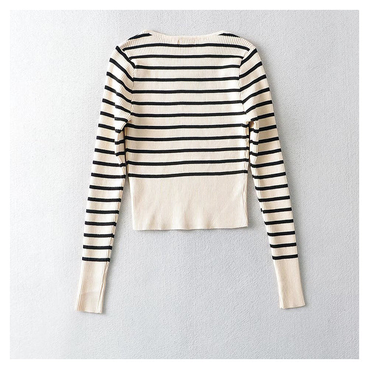 U-neck striped long sleeve slim fitting bottomed sweater for women  7736
