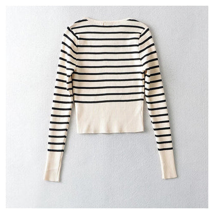 U-neck striped long sleeve slim fitting bottomed sweater for women  7736