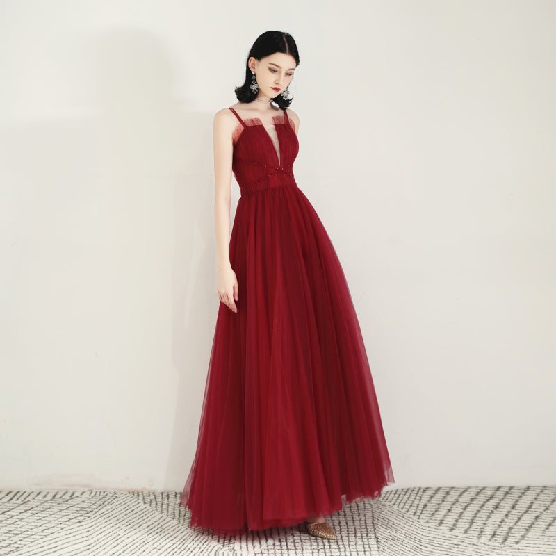 Burgundy tulle long prom dress  8168