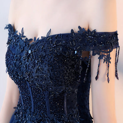 Blue tulle beads long prom dress, blue evening dress  8152