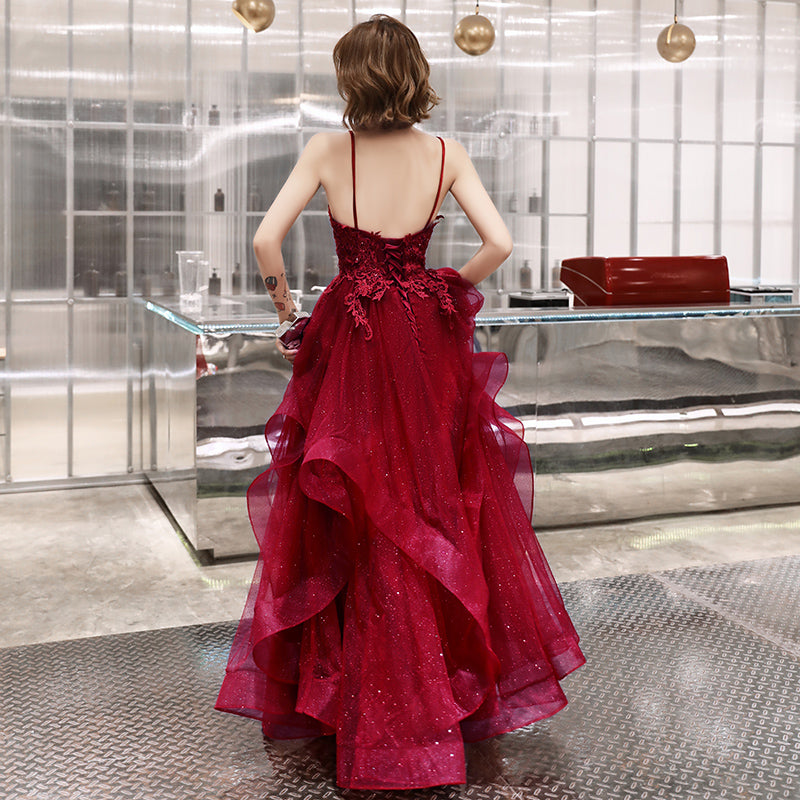 Burgundy lace tulle long A line prom dress  8220