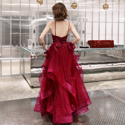 Burgundy lace tulle long A line prom dress  8220
