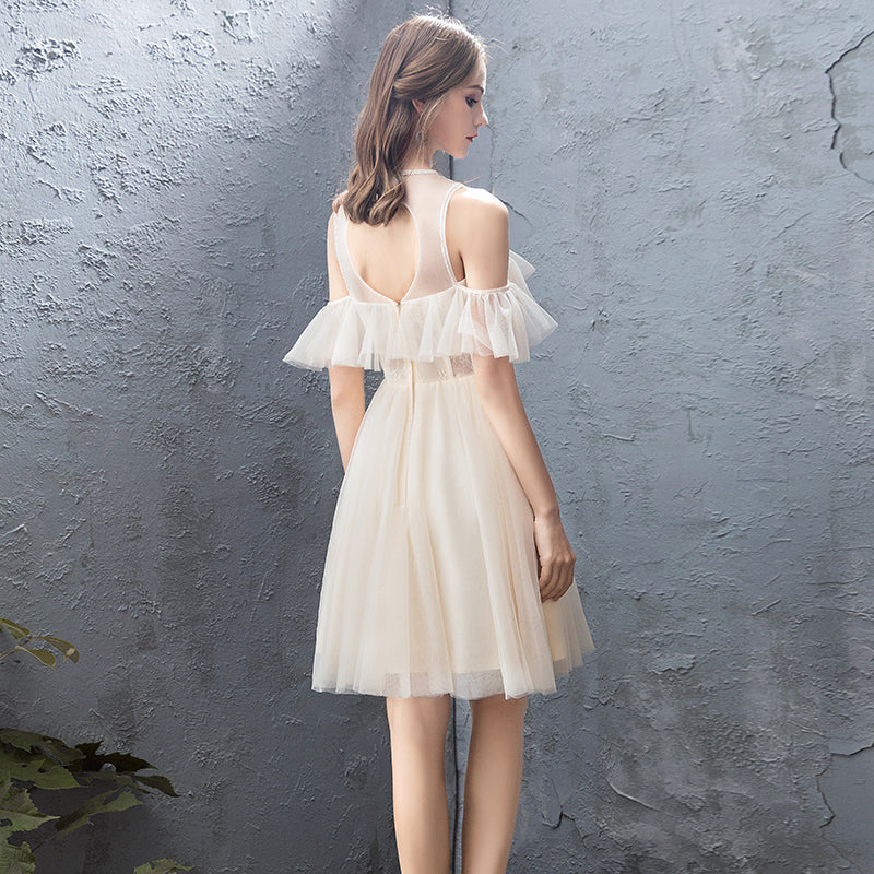 Cute champagne tulle short prom dress  8163