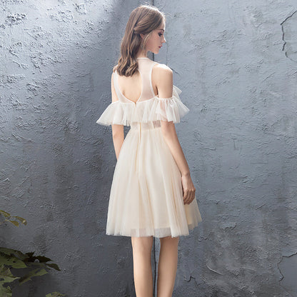 Cute champagne tulle short prom dress  8163