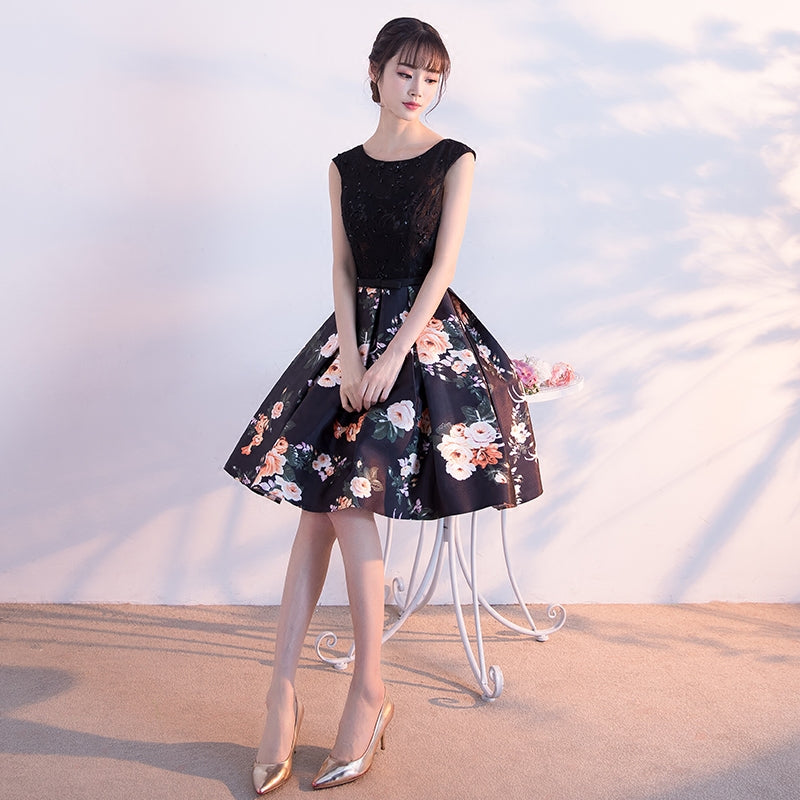Black round neck floral pattern short prom dress, homecoming dress  7853