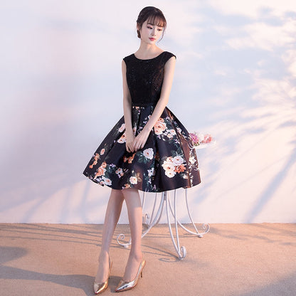 Black round neck floral pattern short prom dress, homecoming dress  7853