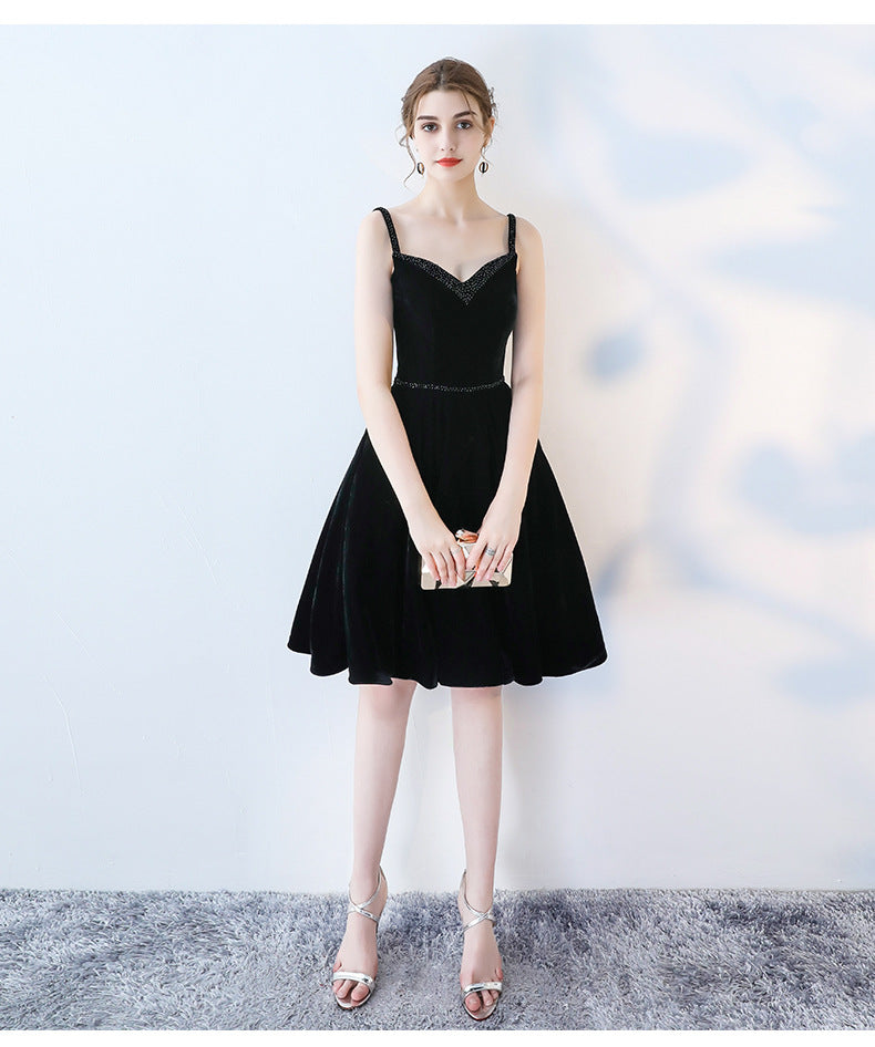 Black v neck velvet short prom dress, black evening dress  7833