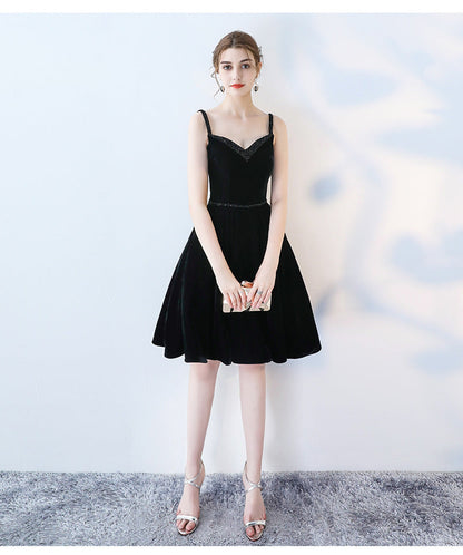 Black v neck velvet short prom dress, black evening dress  7833