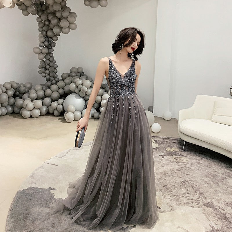 Dark gray v neck tulle long prom dress, evening dress  8057