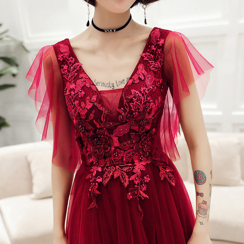 Burgundy v neck tulle lace long prom dress, evening dress  8029