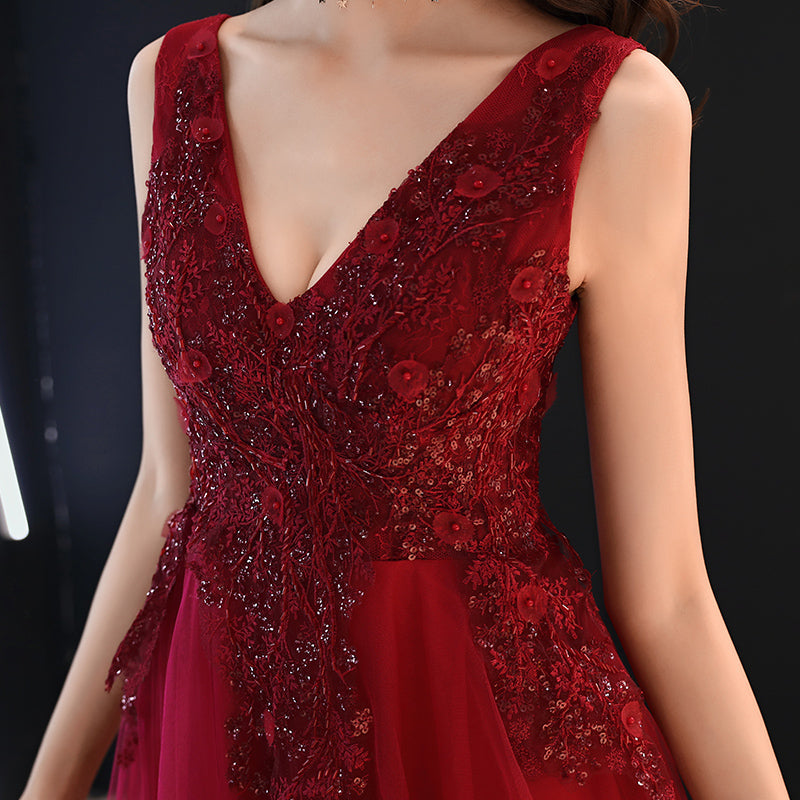 Burgundy v neck tulle lace long prom dress, evening dress  8004