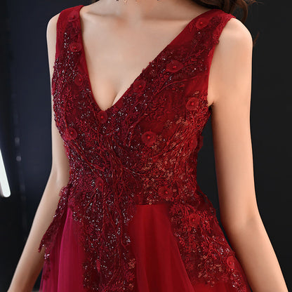 Burgundy v neck tulle lace long prom dress, evening dress  8004