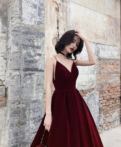 Simple burgundy velvet short prom dress  8184
