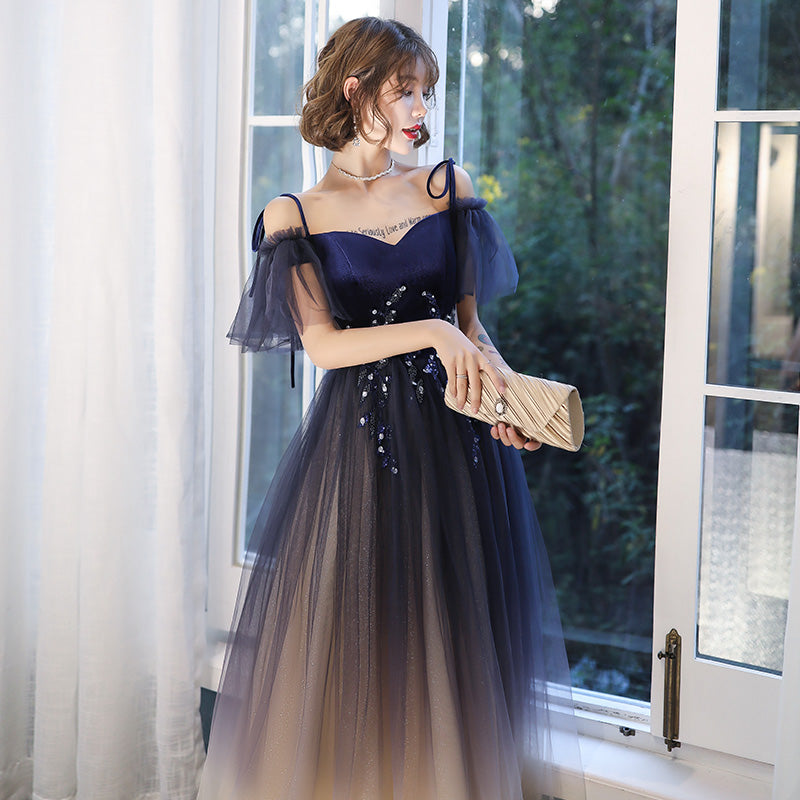 Blue tulle velvet long prom dress  8195
