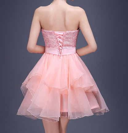 Charming A-line pink lace sweethearg neck short prom dress,homecoming dresses  7706