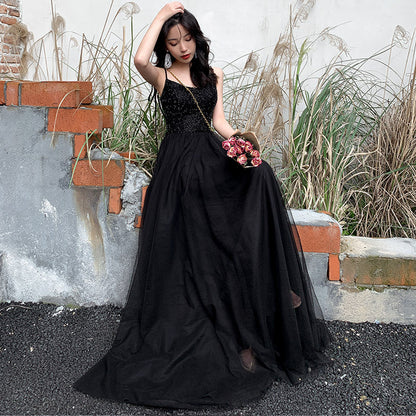 Black tulle beads long prom dress, black evening dress  8028