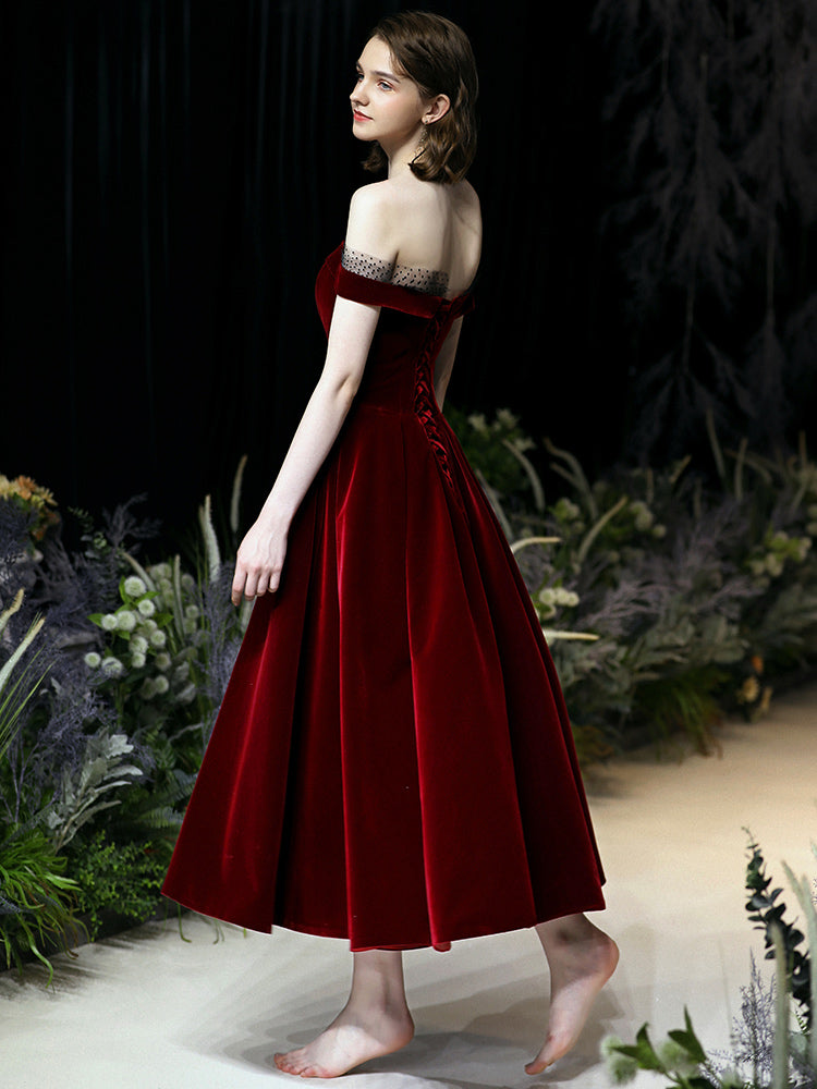 Burgundy velvet short prom dress party dress  8344