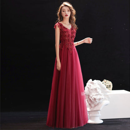 Burgundy v neck lace sequins long prom dress, evening dress  7968