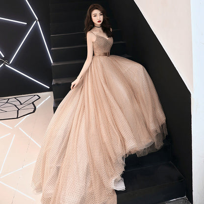 Stylish v neck tulle long prom dress, evening dress  7908