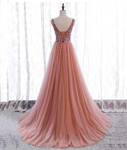 Pink v neck tulle beads prom dress A line evening dress  8377