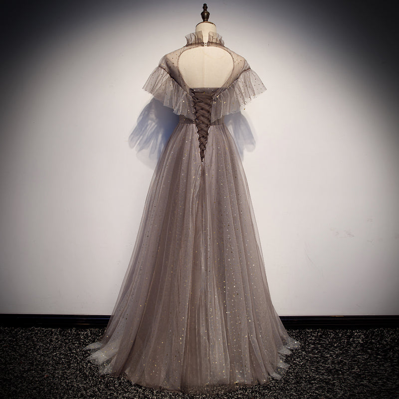 Elegant tulle round neck long prom dress, evening dress  8110