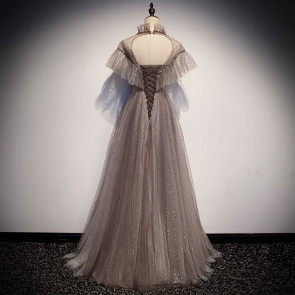 Elegant tulle round neck long prom dress, evening dress  8110