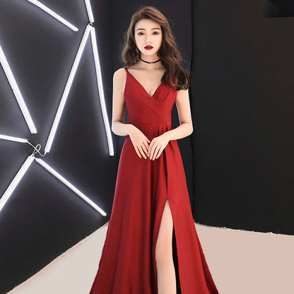 Burgundy v neck chiffon long prom dress, evening dress  7905
