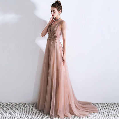 Elegant v neck tulle long prom dress, lace evening dress  8026
