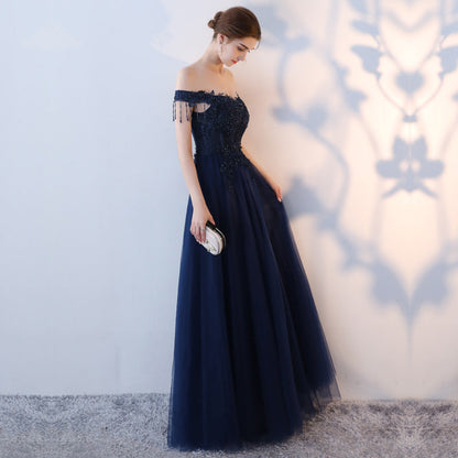 Blue tulle beads long prom dress, blue evening dress  8152