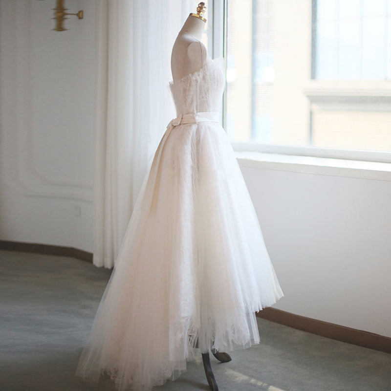 White tulle lace short prom dress evening dress  8206