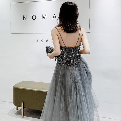 Gray sweetheart neck tulle beads long prom dress, evening dress  8064