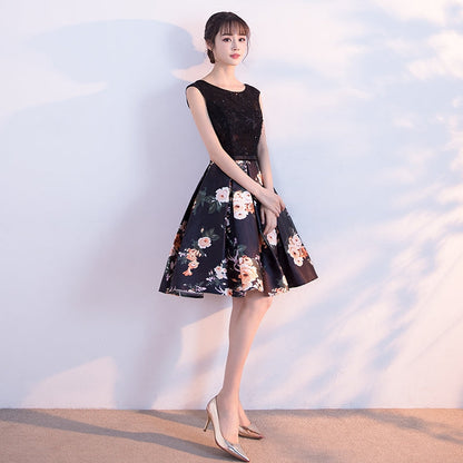 Black round neck floral pattern short prom dress, homecoming dress  7853