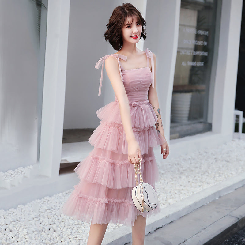 Pink tulle short prom dress, pink evening dress  8053