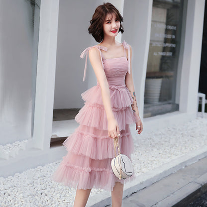 Pink tulle short prom dress, pink evening dress  8053