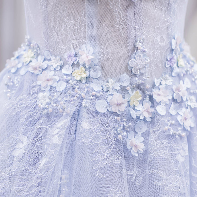 Blue tulle lace long prom gown evening dress  8273