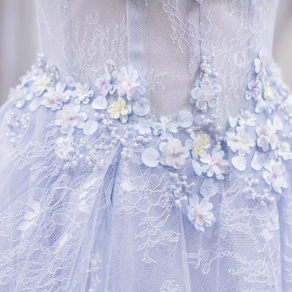 Blue tulle lace long prom gown evening dress  8273